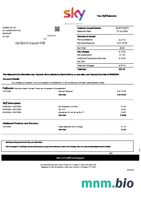 United Kingdom Sky rachunek za usługi komunalne statement template w formatach Word i PDF